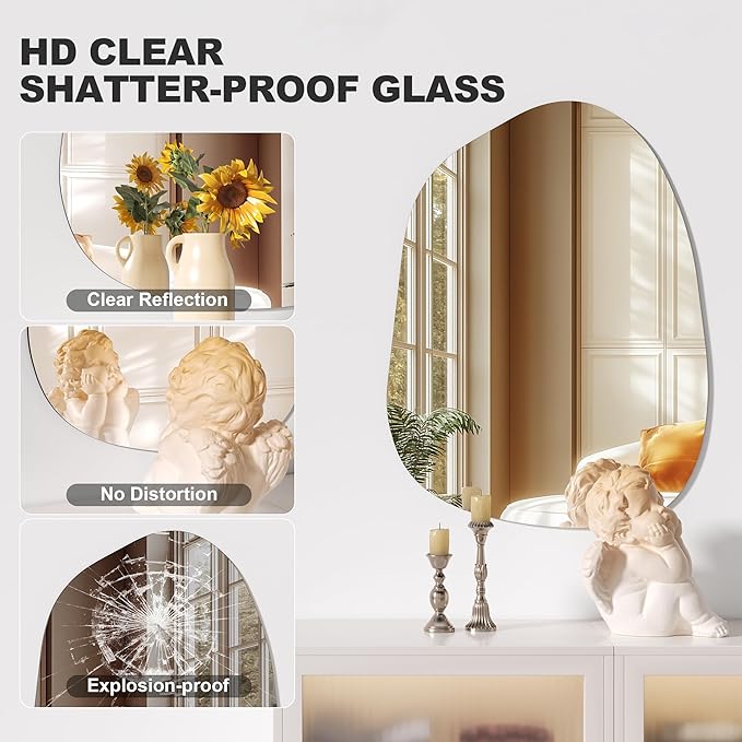 Hasipu Irregular Wall Mirror, 32"x24" Asymmetrical Frameless Mirror, Modern Decorative Mirrors for Living Room, Entryway, Hallway, Bathroom, Bedroom,Wall Mounted Home Decor
