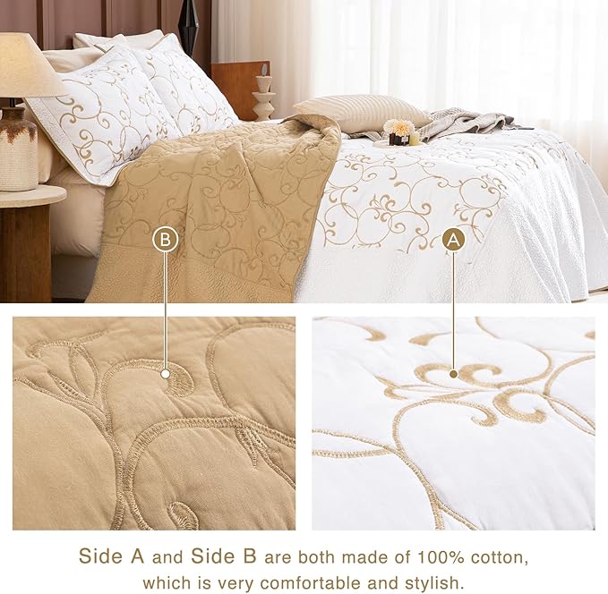 Sanracie Oversized King Quilt 128"x120",100% Cotton California King Bedspreads Extra Large Lightweight Embroidery Pattern Bedding Coverlet Set 3Pcs Gold and White Quilted Bedding Set All Season