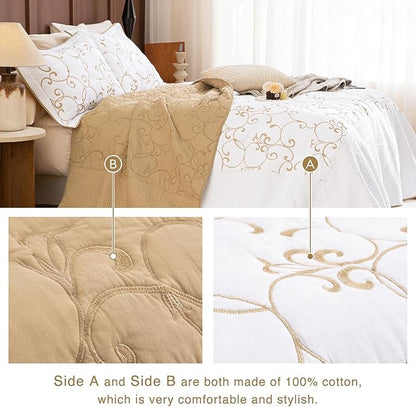 Sanracie Oversized King Quilt 128"x120",100% Cotton California King Bedspreads Extra Large Lightweight Embroidery Pattern Bedding Coverlet Set 3Pcs Gold and White Quilted Bedding Set All Season