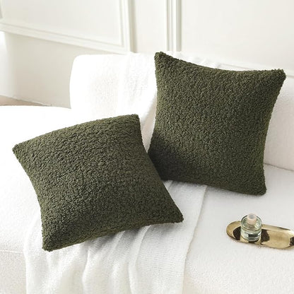 FUTEI Olive Green Throw Pillow Covers 18x18 Inch Set of 2,Furry Faux Fur Teddy Boucle Textured Cushion Covers,Soft Fluffy Decorative Pillow Case,Home Decor for Couch Bed Living Room Office Car