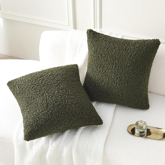 FUTEI Olive Green Throw Pillow Covers 26x26 Inch Set of 2,Furry Faux Fur Teddy Boucle Textured Cushion Covers,Soft Fluffy Decorative Euro Pillow Shams,Home Decor for Couch Bed Living Room Office Car