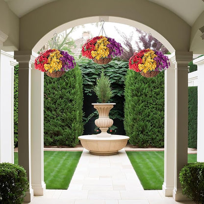 Artificial Flower in Hanging Basket Outdoor Indoor Garden Yard,Coconut Lining Flowerpot with Faux Plant,Daisy with Eucalyptus Leaves Arrangement for Home Spring Summer Decor(Red Purple Yellow)