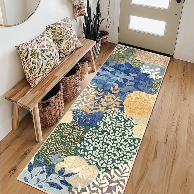 DEXDE Runner Rug 2x6 Washable Hallway Boho Soft Area Rugs Abstract Long Non Slip Botanical Leaves Floral Print Carpet for Entryway, Kitchen, Laundry, Bathroom, Bedroom,Blue