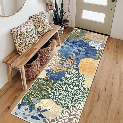 DEXDE Runner Rug 2x6 Washable Hallway Boho Soft Area Rugs Abstract Long Non Slip Botanical Leaves Floral Print Carpet for Entryway, Kitchen, Laundry, Bathroom, Bedroom,Blue