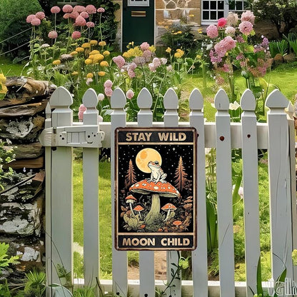 Funny Frog Mushroom Metal Sign, STAY WILD MOON CHILD Cottagecore Goblincore Wall Art, Vintage Tin Plaque for Bathroom Kitchen Bedroom, Whimsical Forest Decor, Mushroom Gifts - 8x12 Inches
