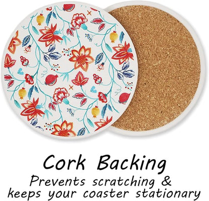 AD Set of 6 Coasters for Drinks Absorbing Round Ceramic Stone Coaster with Cork Base Tabletop Protection Mat for Mugs and Cups,Office,Kitchen (Watercolor Flowers with Holder)