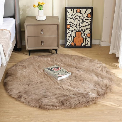 Beige Round Cozy 4ft Shag Rug Washable Furry Soft Area Rug for Living Room Bedroom Cute Nursery Decor Circle Carpet Faux Fur Fluffy Home Décor