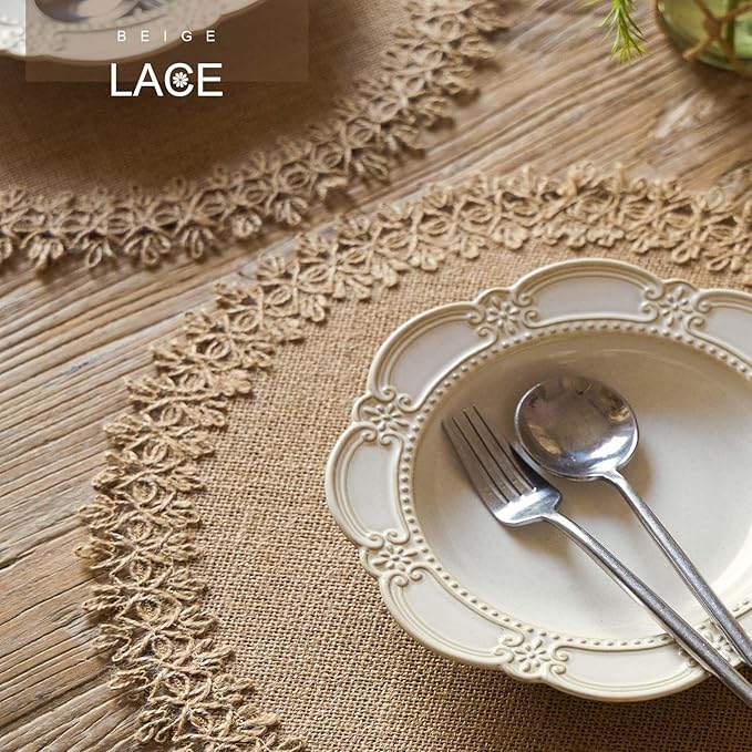 FunWheat Burlap Round Braided Placemats Set of 12 for Dining Tables 15 Inch Heat Resistant Jute Table Mats Farmhouse Woven Fabric Natural Place mats (Brown Jute Lace)