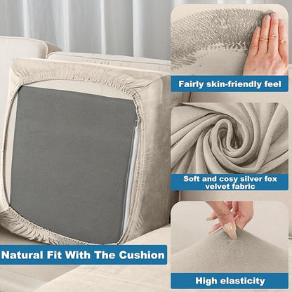 Couch Cover Stretch Velvet Sofa Cushion Cover 3-Piece - Elastic Washable Slipcover for Seat or Backrest, Couch Seat Covers for Sofas (Taupe)