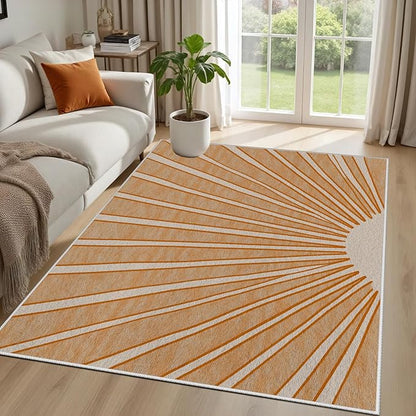 Boho Sun Print Area Rug for Living Room 4x6, Modern Abstract Non-Slip Washable Rugs, Soft Stripe Minimalism Carpet for Bedroom, Nursery, Entryway, Dining Room & Office Decor, Orange White