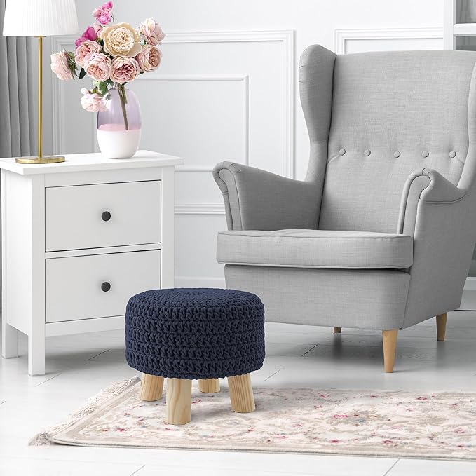 Casafield Pouf Ottoman Footstool, 13" Round x 11" High, Hand-Knitted Cotton Footrest, Non-Skid Wood Legs, Boho Foot Stool for Living Room, Bedroom (Navy Blue)