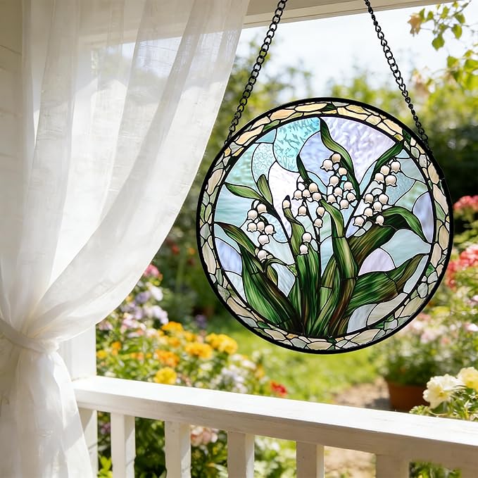 Stained Glass Window Hanging, White Green Lily of The Walley Flowers Sun Catcher for Door Home Decor Plants Suncatcher Christmas Mother's Day Birthday Gifts for Women Men Mom Nana 15 in