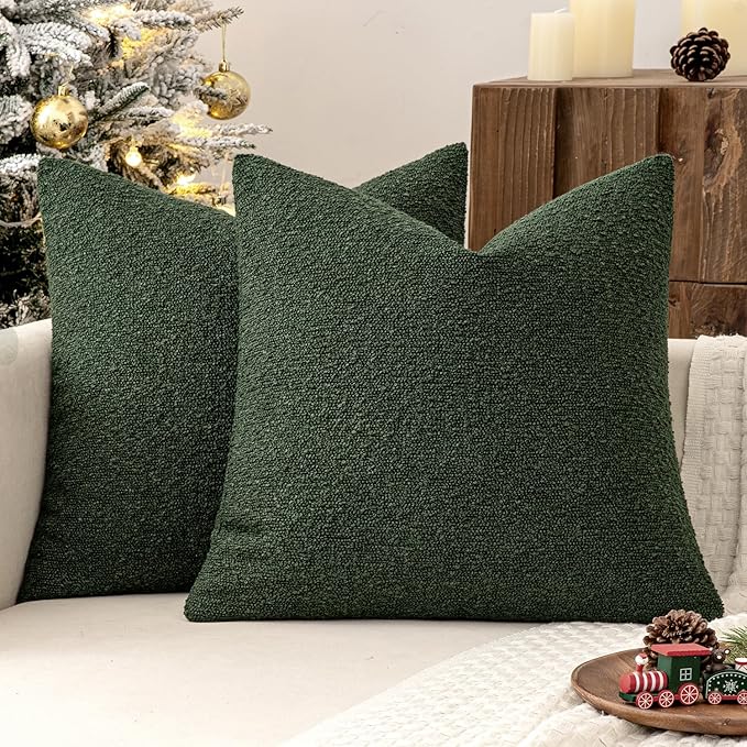 MIULEE 24x24 Christmas Decorative Euro Sham Throw Pillows for Bed Set of 2 Textured Boucle Neutral Winter Throw Pillow Covers Dark Green Accent Solid Couch Pillowcase Sofa Livingroom Home Decor