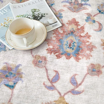 Tangsoo Washable Area Rug, 3x5 Pottery Barn Neutral Floral Rugs for Bedroom Living Room, Vintage Boho Non Slip Low Pile Beige Carpet for Farmhouse Nursery Office Laundry, Pet & Child Friendly
