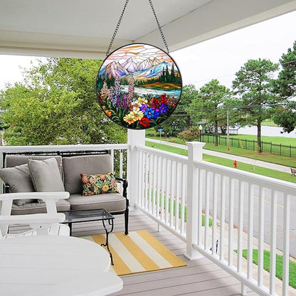 Valley Stained Glass Window Hanging, 7.8" Round Sun Catcher Hand Painted Wall Art Decor with Chain, Unique Housewarming Gifts for Couples, Home