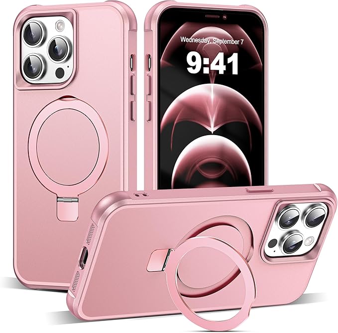 Compatible with iPhone 12 Pro Max Case & iPhone 13 Pro Max Case 6.7" with Magnetic O-Ring Stand [Compatible with Mag-Safe][Great Grip Feeling], Rose Gold