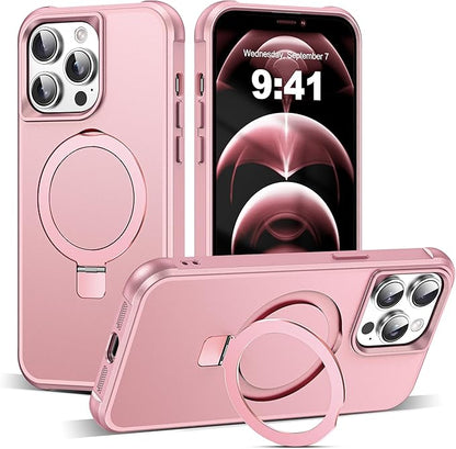 Compatible with iPhone 12 Pro Max Case & iPhone 13 Pro Max Case 6.7" with Magnetic O-Ring Stand [Compatible with Mag-Safe][Great Grip Feeling], Rose Gold