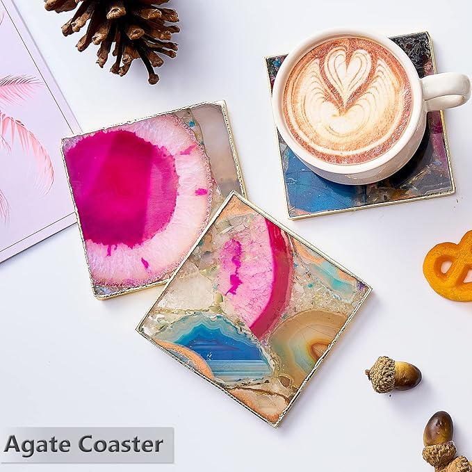 Agate Square Coasters Set of 4, Rainbow Crystal Coasters with Gold Edge for Home Decor