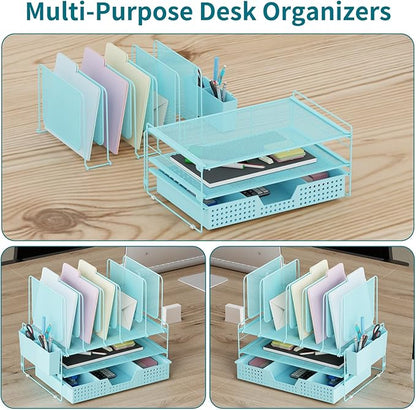 Blue Desk Organizer, Office Organization with Vertical File Holder, File Organizer with Drawer and Pen Holder, Desk Accessories and Workspace Organizers for Home Office (Sky Blue)