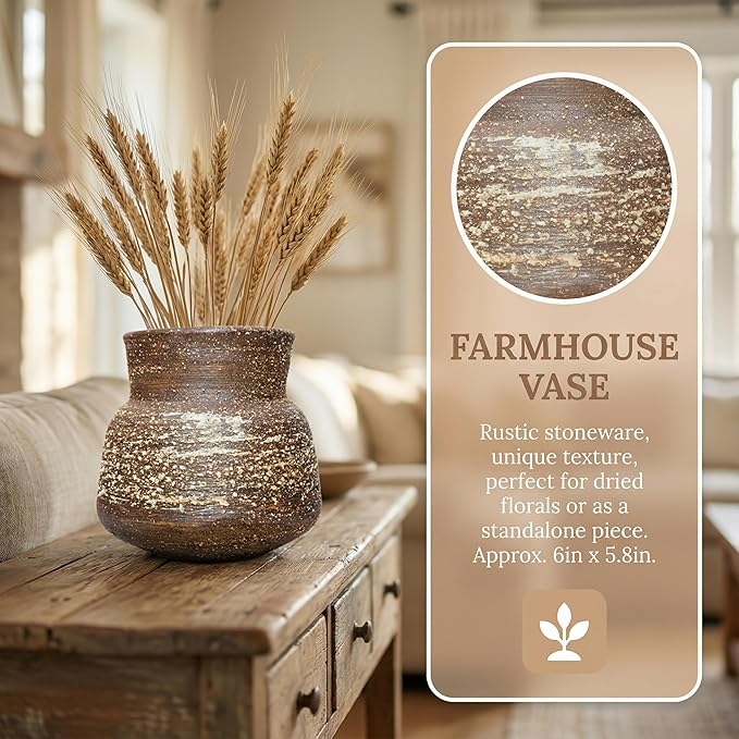 5.8IN Rustic Farmhouse Ceramic Vase Home Decor, Handmade Vintage Stoneware Clay Pottery Terracotta Textured for Modern Farmhouse, Living Room, Office Desk Table Shelf (Brown)