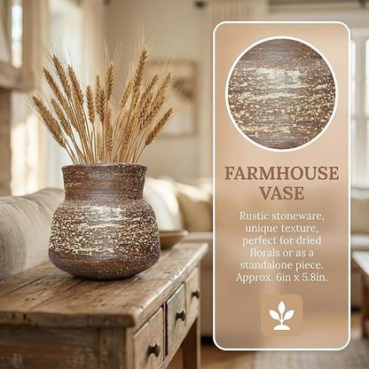 5.8IN Rustic Farmhouse Ceramic Vase Home Decor, Handmade Vintage Stoneware Clay Pottery Terracotta Textured for Modern Farmhouse, Living Room, Office Desk Table Shelf (Brown)