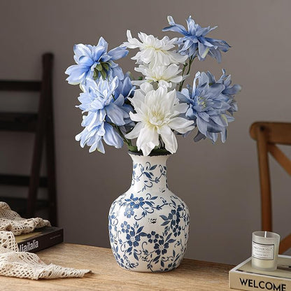 Blue and White Flower Vase Vintage Chinoiserie Floral Ceramic Vase Handcrafted Round Flower Vase for Home Decor Centerpieces Living Room, Bookshelf, Office Rustic Table Centerpiece 9 in