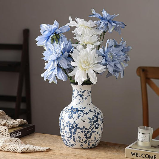 Blue and White Flower Vase Vintage Chinoiserie Floral Ceramic Vase Handcrafted Round Flower Vase for Home Decor Centerpieces Living Room, Bookshelf, Office Rustic Table Centerpiece 9 in