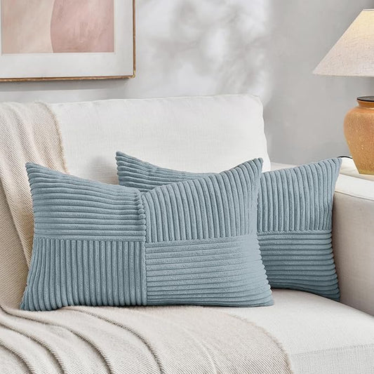 Fancy Homi 2 Packs Light Blue Lumbar Decorative Throw Pillow Covers 16x26 Inch for Living Room Couch Bed, Rustic Farmhouse Boho Home Decor, Soft Striped Corduroy Rectangle Accent Cushion Case 65x40 cm