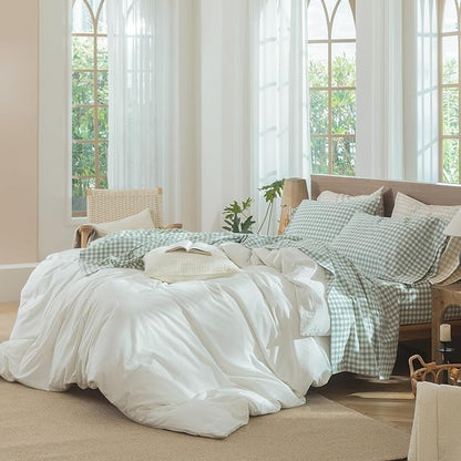 MooMee Gingham Sheet Set 100% Washed Cotton Linen Like Textured Breathable Soft w/ Fully Elasticized 16-19" Deep Pocket (Classic Gingham Sage Green, King)