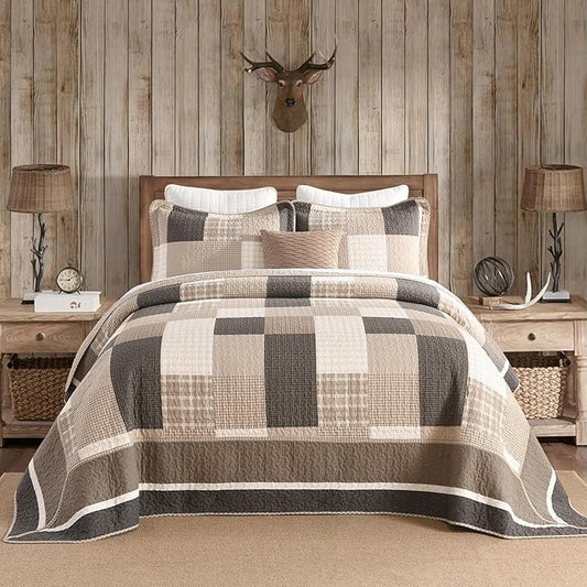 EWlinens 100% Cotton 120"x120" Oversized California King Bedspread - Reversible Patchwork Plaid Extra Large Quilt Bedding Set, King Bedspreads Coverlet Set, Lightweight Cozy Quilts, 3pcs, Brown/Beige