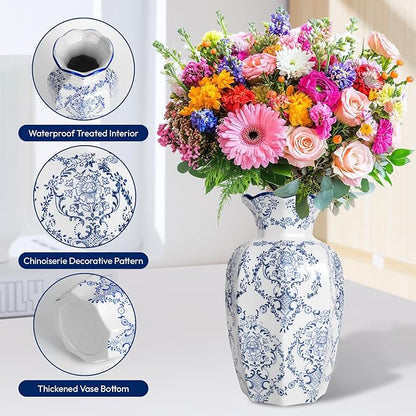 Chinoiserie Vase,9.5 inch Blue and White Vase,Vintage Ceramic Vases,Flower Vase for Centerpiece,Chinese Cute Vases for Living Room, Office,Home Decor (Blue White, Large)