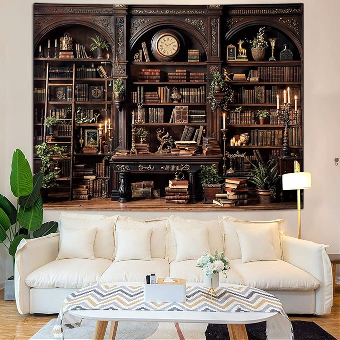 YEXIT Vintage Bookshelf Tapestriey, Retro Library backdrop Wall Tapestries, Old Books on Shelf Classical Study Room Living Room Dorm Bedroom 36×48 inch