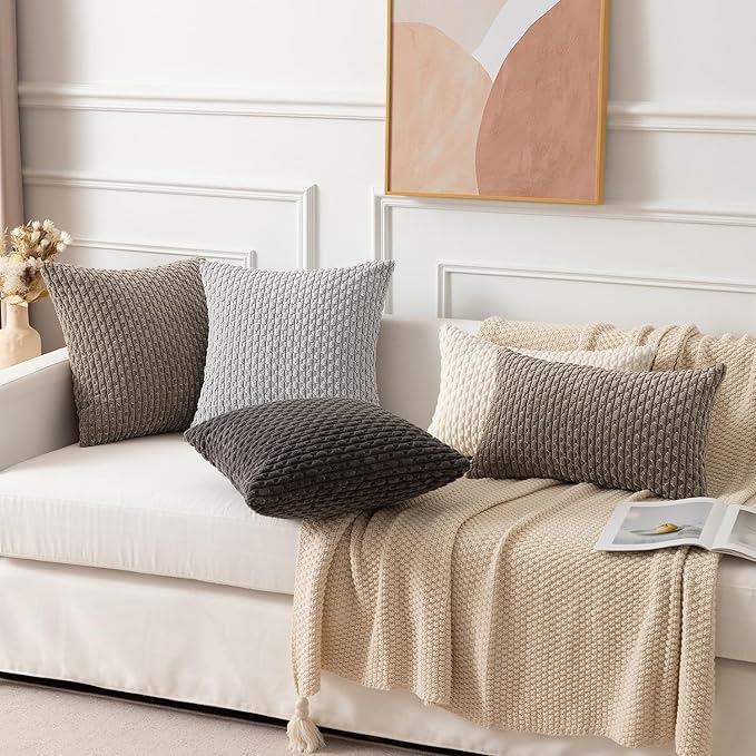 Kevin Textile 14x20 Inch Pillow Cover 1 Pack Boho Decorative Soft Striped Corduroy Lumbar Farmhouse Solid Color Accent Rectangle Cushion Case for Living Room Couch Sofa Bed, Light Grey