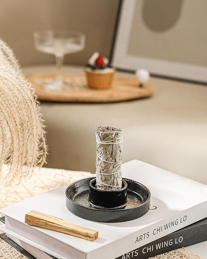 Sage Incense Holder, Ceramic Sage Holder for Burning, Sage Burner Holder for Smudge Sticks, Smudge Bowl for White Sage Bundle, Palo Santo Sticks, Yoga Meditation and Altar Decor (Sage Holder-Black)