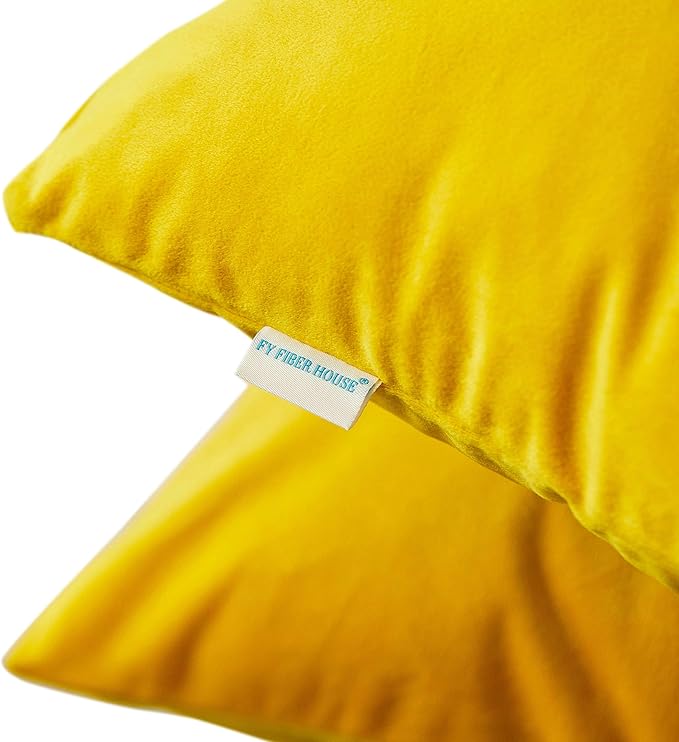 FY FIBER HOUSE Pack of 2 Velvet Throw Pillow Covers Decorative Square Pillowcase Soft Solid Cushion Case for Sofa/Couch Use, 18 x 18 Inch Yellow