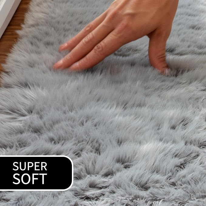 5 ft Round Fluffy Gray Rug – Plush Faux Fur Rug for Bedroom, Living Room, or Nursery – Cozy Faux Sheepskin Home Decor