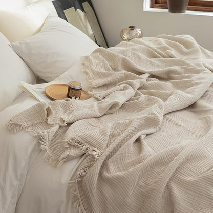 FOSSA Muslin Blanket with Fringe - 4-Layer 100% Cotton Gauze Super Soft & Breathable Throw -Lightweight Decorative Cooling Blanket for Bed, Sofa, Office -Oversize Queen Size 98" × 98" (Beige)