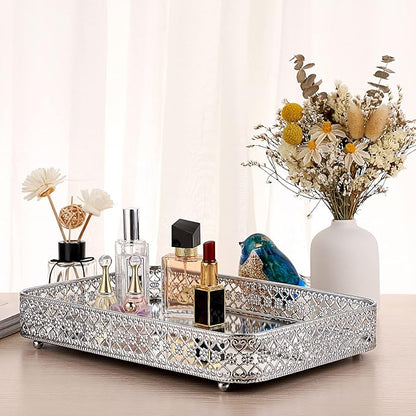 ELLDOO Perfume Mirror Tray Vanity Makeup Hollow-Carved Jewelry Organizer Glass Metal Trinket Storage Tray Home Decor Organizer for Dresser Bathroom Countertop,Silver,Medium Size