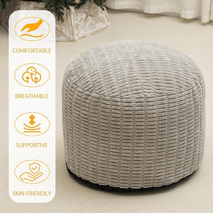 Round Stuffed Pouf Ottoman for Foot Rest, Storage Ottoman Pouf Foot Stool Cushion, Faux Fur Poufs with Foam Chunk Filling, 20 X 15 Inch Floor Chair for Living Room Bedroom Home Decor, Light Gray