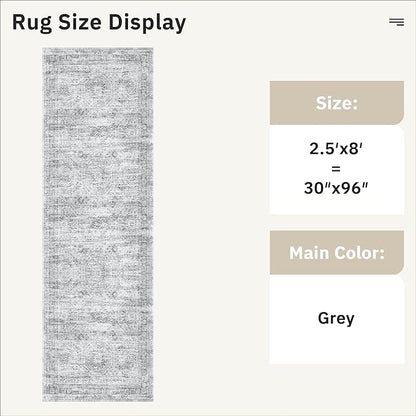 Washable Runner Rug, 2'6" x 8' Non-Slip Kitchen Vintage Foldable Hallway Runners for Entryway, Laundry, Bedroom, Grey