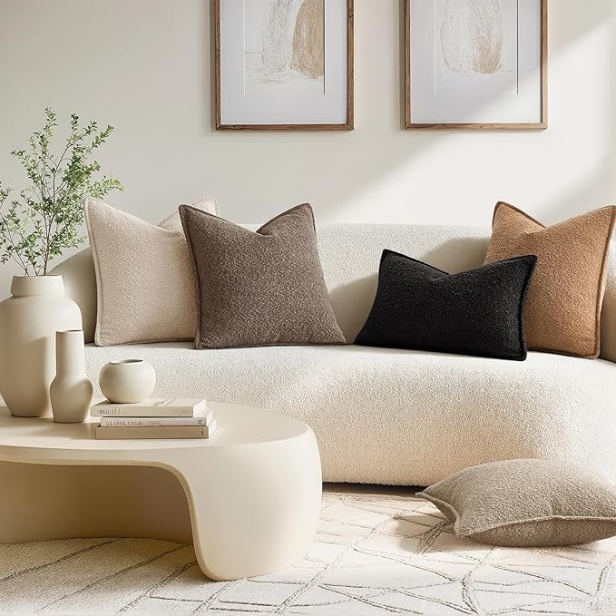 MIULEE Pack of 2 Decorative Textured Boucle Throw Pillow Covers 12x20 Inch Black Broadside Thick Boho Lumbar Pillows for Farmhouse Accents Sofa Couch Bedroom Living Room Home Decor