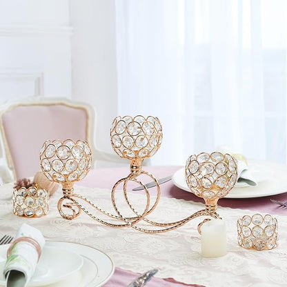 Gold 2 Pcs-3Arm Metal Crystal Tea Light Candle Holder, Elegant Wedding Table Centerpiece Candle Holder, Christmas Wishing Crystal Bowl Candle Holder Suitable for Wedding Party Living Room Decoration