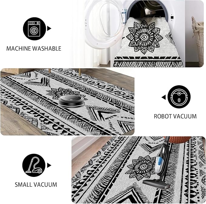 Area Rugs Moroccan for Living Room 8x10, Washable Non-Slip Boho Rug, Neutral Farmhouse Soft Carpet for Bedroom, Kitchen, Dining Room, Entryway, Geometric Print Tribal Carpets, Black and White