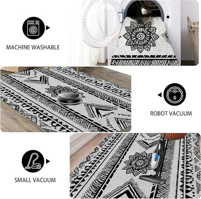 Area Rugs Moroccan for Living Room 4x5, Washable Non-Slip Boho Rug, Neutral Farmhouse Soft Carpet for Bedroom, Kitchen, Dining Room, Entryway, Geometric Print Tribal Carpets, Black and White