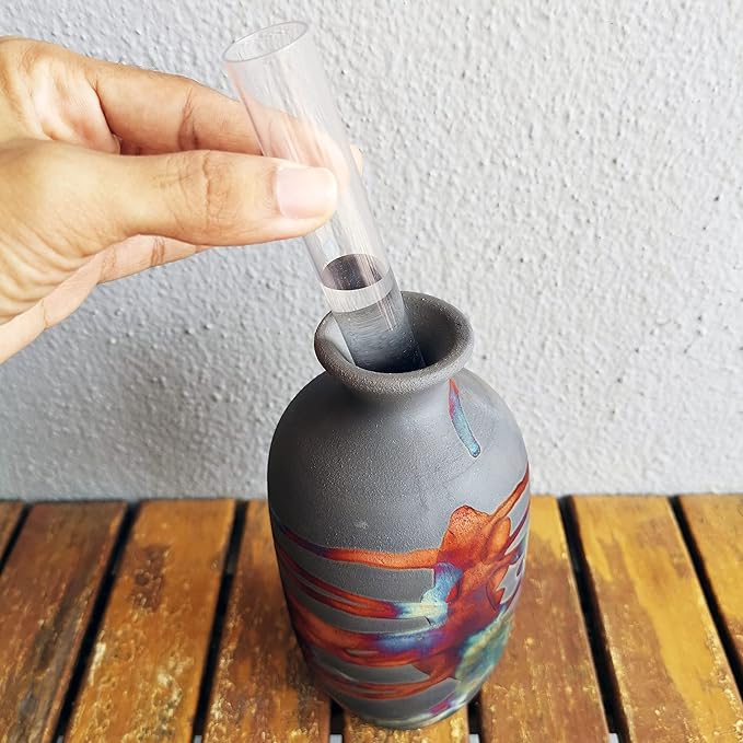 RAAQUU Koban 7 inch Raku Ceramic Clay Pottery Vase - Smoked Raku Raku Pottery with Water Tube Gifts for her mom, Boho, Wedding Gift, Home Decor