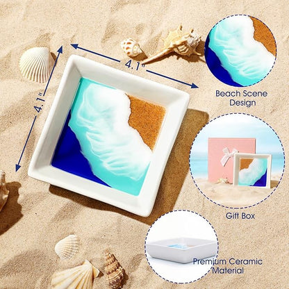 Ocean Jewelry Tray Beach Dish Ceramic Resin Trinket Dish Jewellery Plate Engagement Wedding Ring Holder Necklace Ear Ring Storage Ocean Art Gift for Women Christmas Housewarming Present