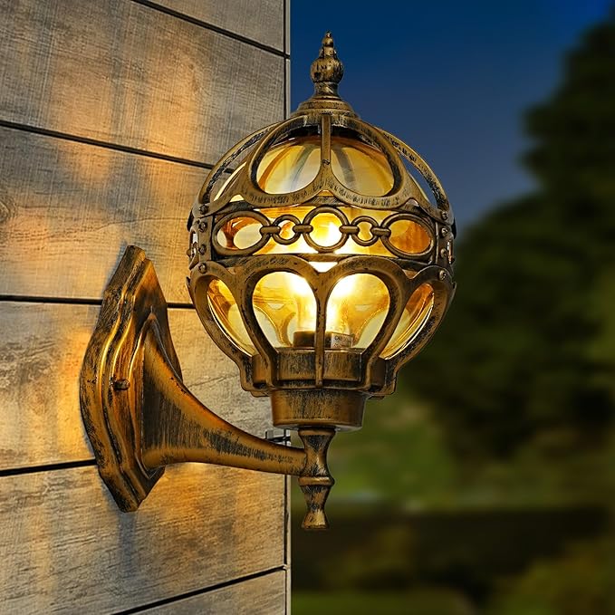 Gold Outdoor Wall Light Fixtures, Globe Exterior Aluminum Waterproof Porch Lights, Sphere Anti-Rust Outside Lantern Wall Mount with Amber Glass for Patio Backyard Garage Doorway Front Door