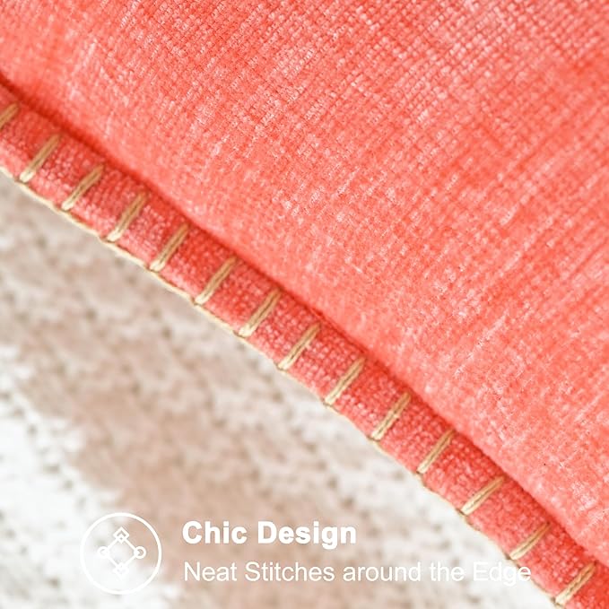 CaliTime Throw Pillow Covers Decorative 12 X 20 Inches Pack of 2 Cotton Thread Stitching Edges Solid Dyed Soft Chenille Cushion Cases for Couch Sofa Bed Living Room Farmhouse Living Coral