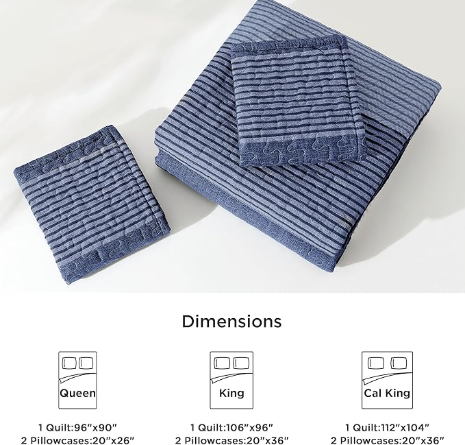Litanika Quilt Queen Size Sapphire Blue, Stripe Patchwork Summer Bedspread Coverlet 3 Pieces, Soft Lightweight Microfiber Quilted Bedding Set for All Season(1 Quilt, 2 Pillowcases)
