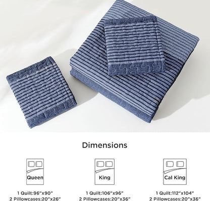 Litanika Quilt King Size Sapphire Blue, Stripe Patchwork Summer Bedspread Coverlet 3 Pieces, Soft Lightweight Microfiber Quilted Bedding Set for All Season(1 Quilt, 2 Pillowcases)